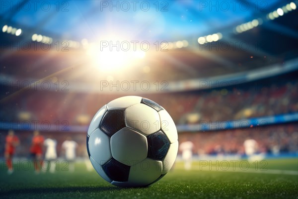 A soccer ball on a green field in soccer football stadium in evening on sunset with floodlights lights during game, AI generated