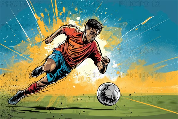 A soccer player dribbles and kicks a soccer ball. Abstract vintage grungy poster style with muted colors, AI generated