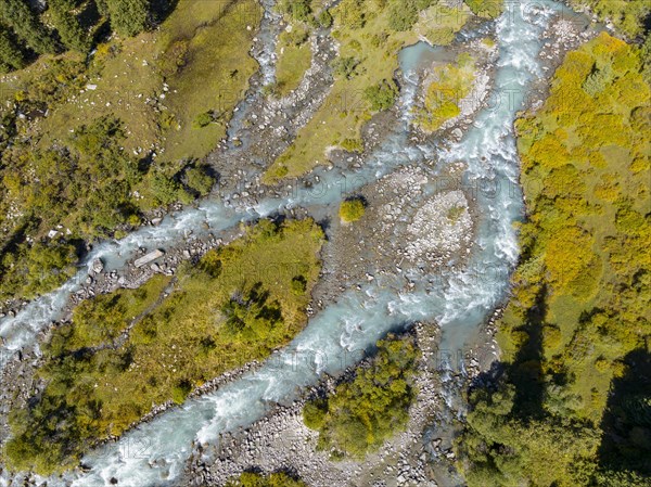 River, aerial view, Tien Shan Mountains, Jety Oguz, Kyrgyzstan, Asia