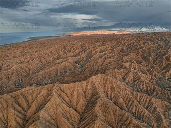 Canyon runs through landscape, Issyk Kul Lake, behind white peaks of the Tien Shan Mountains, Dramatic barren landscape of eroded hills, Badlands, Canyon of the Forgotten Rivers, Issyk Kul, Kyrgyzstan, Asia