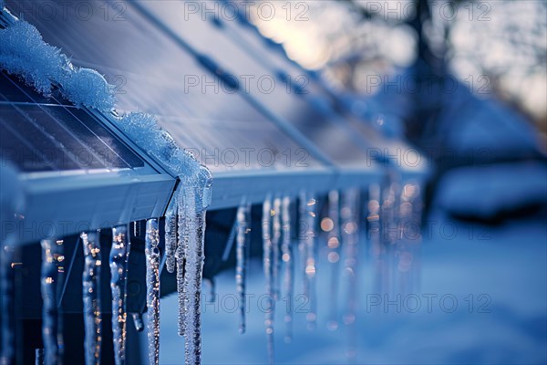 Close up of frozen photovoltaic solar panel covered in ice. KI generiert, generiert, AI generated