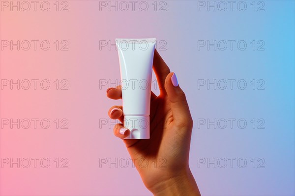Woman's hand holding white cream tube in front of studio background. Close up of wind mill turbine covered in ic ein winter, AI generated
