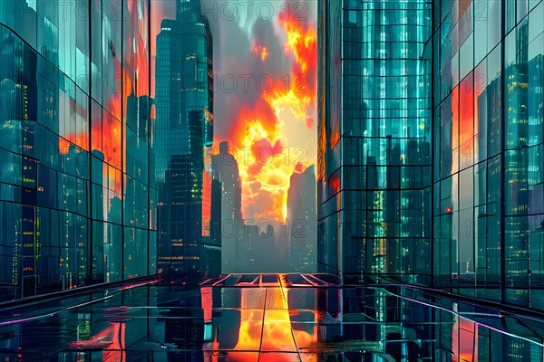AI generated illustration of a cityscape with skyscrapers and holographic elements in vibrant color tones
