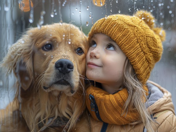 Bad weather, child looks sadly outside through a rainy window pane, AI generated