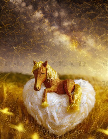 An imaginative scene with a sparkling horse on a soft nest, radiating a magical ambiance, AI generated