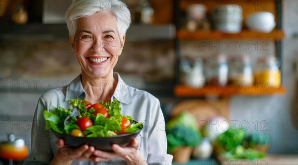 A senior aged woman is holding a healthy salad bowl in a kitchen. She is smiling and she is happy, AI generated