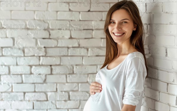 Happy pregnant woman smiling. A concept of motherhood and future family, AI generated