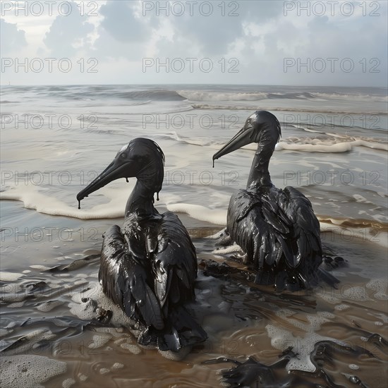 Two oil-covered Birds on a sandy beach with a sweeping view of the sea convey thoughtfulness, AI generated