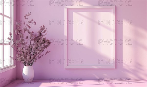 A blank image frame mockup on a soft lilac wall AI generated