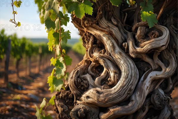 AI generated ancient weather gnarled trunks twisting skyward in a storied vineyard decades