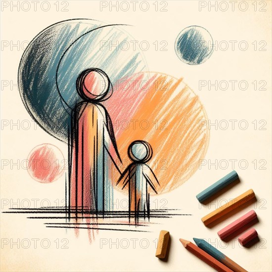Abstract sketch of a parent and child holding hands during sunset, AI generated