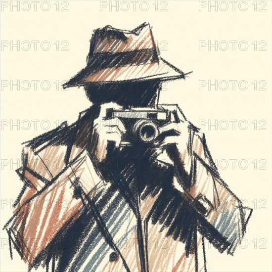A detective in a trench coat and hat taking a photo captured in a sketch with beige and orange tones, AI generated
