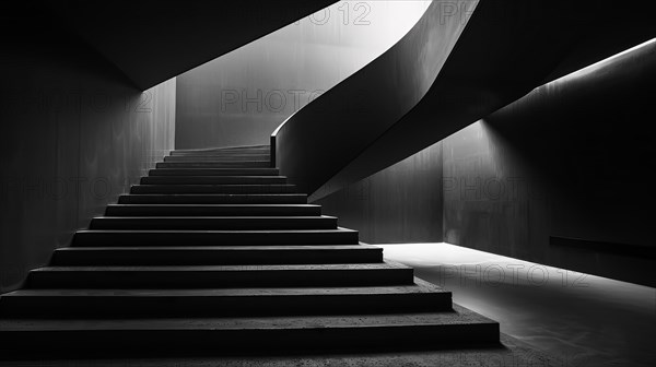 A monochrome image showcasing the spiral design of a modern staircase with contrasting shadows, AI generated