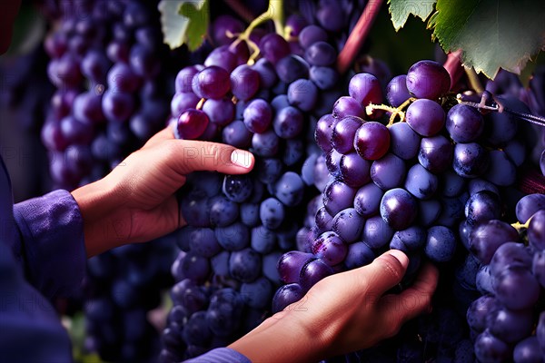 AI generated close up of workers hands delicately select ripened clusters of ripe grapes