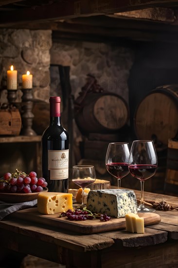 AI generated cellar wine tasting setup featuring rustic wooden table supporting several glasses of red wine