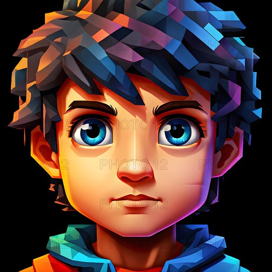 AI generated boys human head digitalised in pixel art style presenting a mosaic of vibrant hues in neon glow