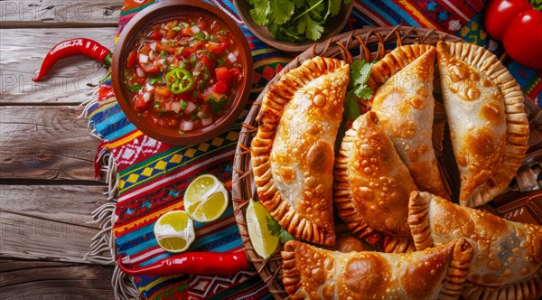 Tasty empanadas on a plate with colorful Mexican cloths as a background. National mexican food, AI generated