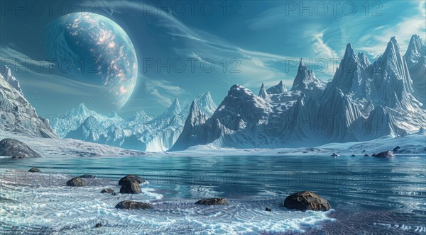A planet with beautiful alien landscape. Extraterrestrial space travel to a different world, AI generated