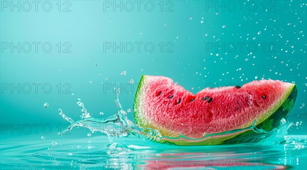 Fresh watermelon floating in water. A concept of vegetarian lifestyle and vegetarian diet, AI generated