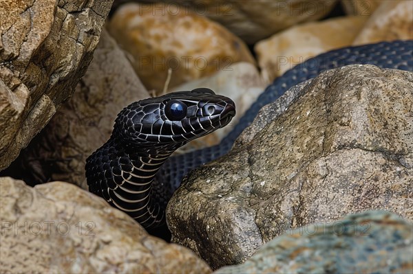 Venomous black mamba on rocks, Africa, AI generated