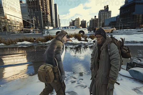Imaginary interaction between human dressed King penguin and Monkey in a city in a wintery environment, AI generated