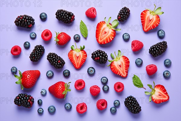 Berry fruit mix on purple background. KI generiert, generiert, AI generated