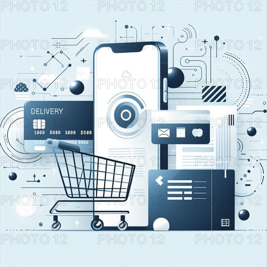 Futuristic digital illustration representing online shopping and delivery services with a smartphone, user interface elements, shopping cart, and abstract tech motifs on a light background, AI generated