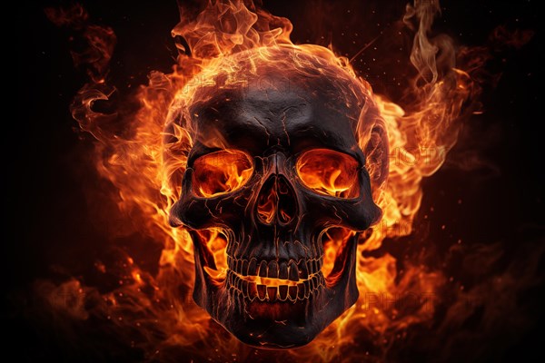 Spooky and scary burning skull on a dark background. Perfect for Halloween or horror-themed projects, AI generated