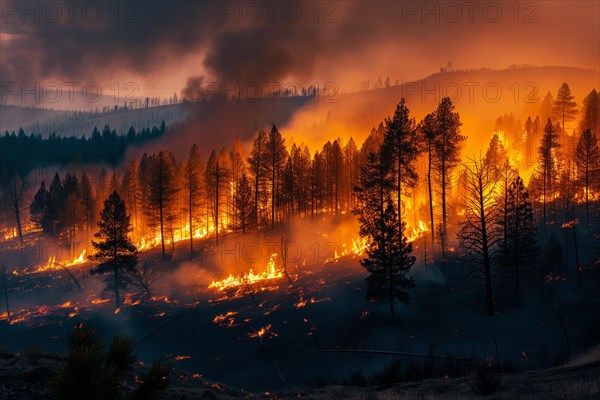 View of a forest fire is raging through a forest, with smoke and flames visible in the air. The scene is chaotic and dangerous, with trees and other vegetation being consumed by the fire, AI generated