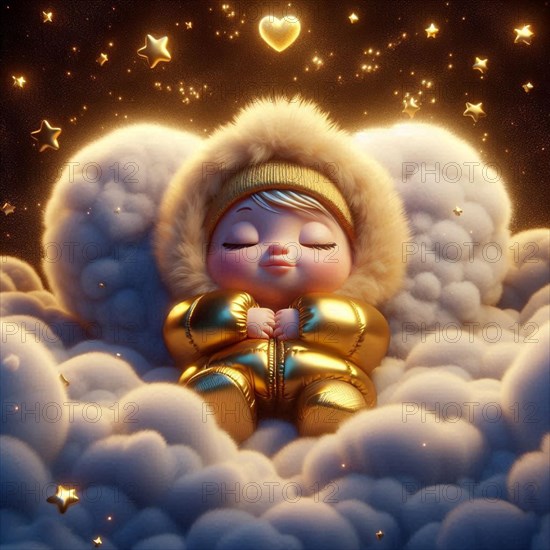 A baby sleeps peacefully in clouds wearing a winter hat with stars and hearts in the sky, AI generated
