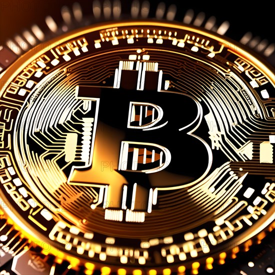 Symbol image for Bitcoin, cryptocurrency, close-up, golden coin with blur, AI generated, AI generated, AI generated