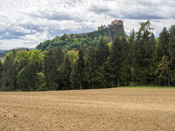 Farmland, behind Riegersburg with lift, Riegersburg, Styrian volcanic region, Styria, Austria, Europe