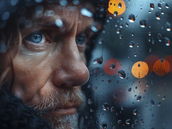 Bad weather, person looks sadly outside through a rainy window pane, AI generated