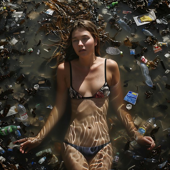 A woman lying on the water, surrounded by rubbish, sunbeams hit her, AI generated