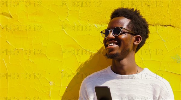 Black young positive man with dreadlocks is smiling and standing in front of the building wall. Concept of confidence and positivity, AI generated