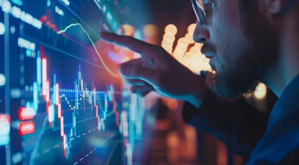 A man is pointing at a graph on a transparent screen showing market and economy trends, AI generated