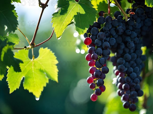 AI generated ripe grapes clinging to a vine sunlight dancing through the leaves accentuating their rich hues