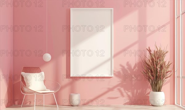 A blank image frame mockup on a soft blush pink wall in a minimalistic modern interior room AI generated