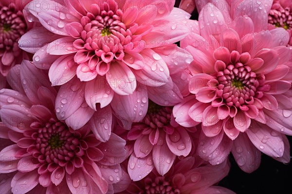 Close up of pink Chrysanthemum flowers with rainw ater drops. KI generiert, generiert, AI generated