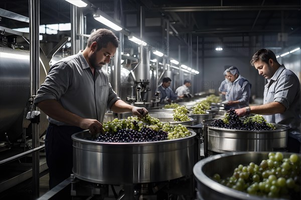 AI generated modern winery production line with workers and fermenting tanks