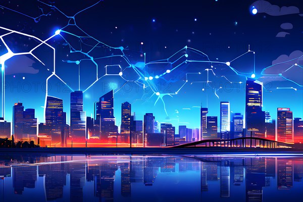 Ai generated conceptual illustration of a neuronal network with city skyline in the background in blue colors, AI generated