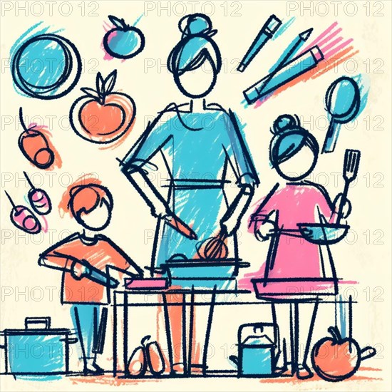Sketch of a family cooking together in the kitchen with different food items around, AI generated