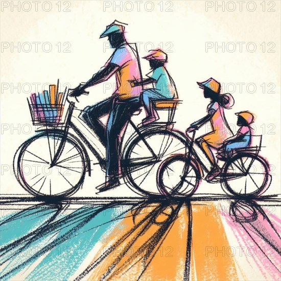 Vibrant scene of a family bike ride casting long shadows in the warm glow of sunset, AI generated