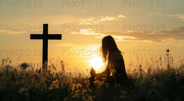 Devout faithful christian prays in front of the cross at a dramatic sunset with beautiful skies, AI generated