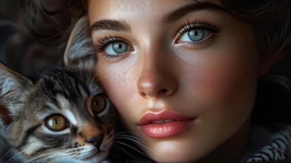 AI generated portrait of a young girl with cute little cat