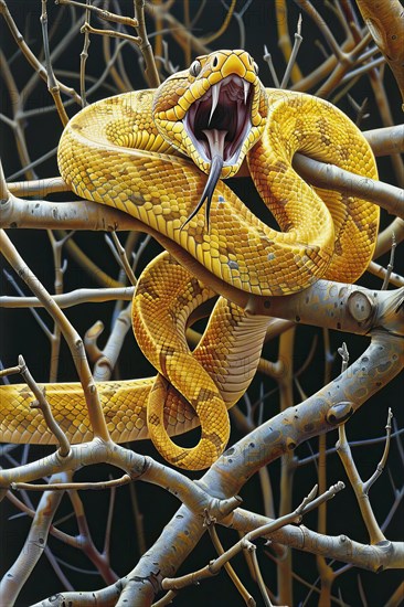 Stylized yellow tree snake wrapped around branches, AI generated