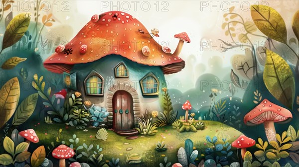A whimsical illustration of a house designed like a red mushroom surrounded by nature, AI generated