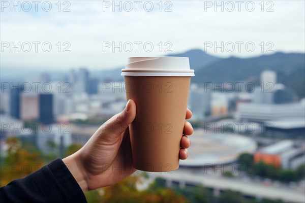 Hand holding brown paper coffee cup with blurry city in background. KI generiert, generiert, AI generated