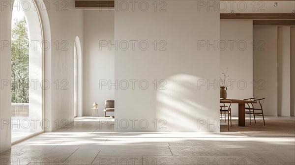 Spacious room with an archway, wooden table, and chair highlighted by natural light, AI generated