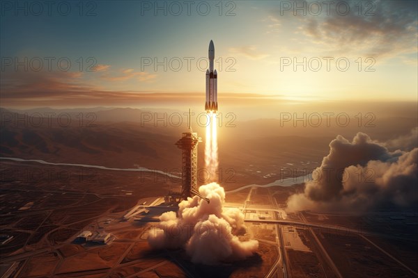 Aerial view of a rocket launch at sunrise sunset over an ocean coast. The rocket is blasting off with a trail of smoke and flames behind it, AI generated